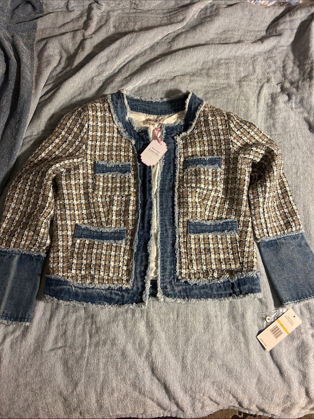 Nanette Lepore Brown Tweed Jacket with Blue Denim Trim